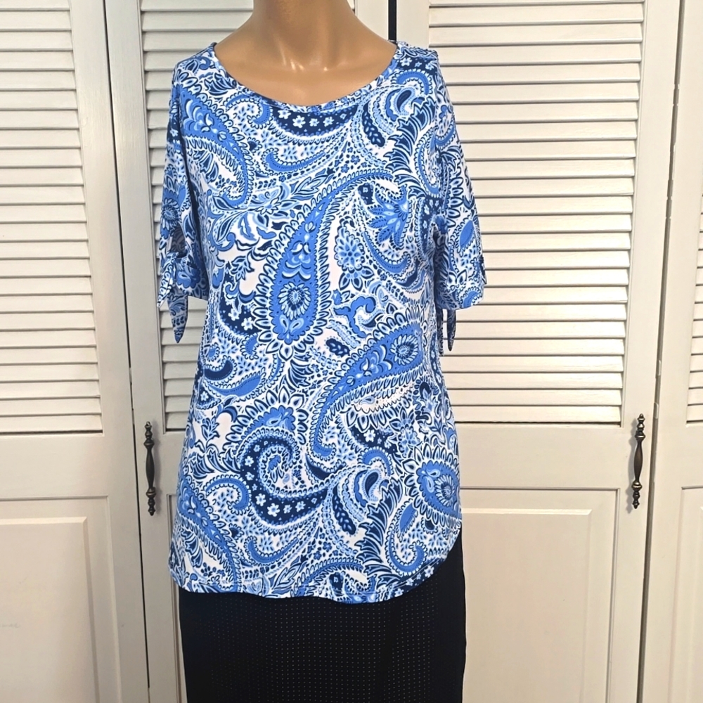 624 Ruby Rd Women Blue Top Short Sleeve T-Shirt Blouse Loose Casual Scoop Neck